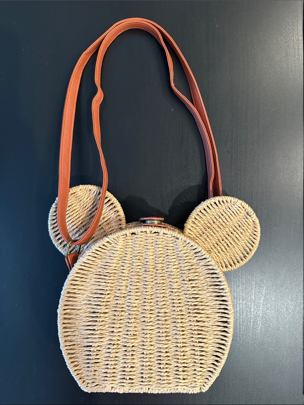 Woven Rattan Mickey Ear Crossbody Bag - Natural & Brown